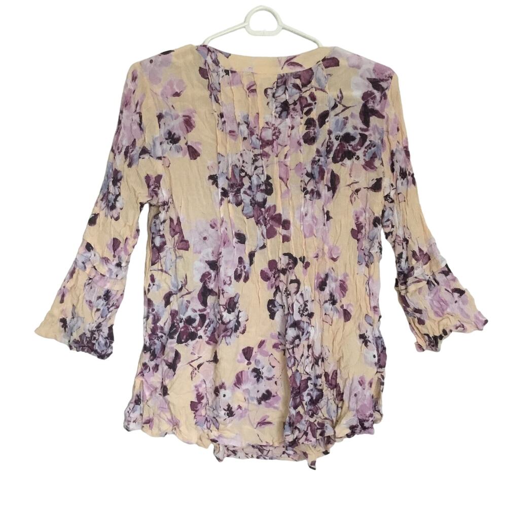 J. Jill Womens Pintucked Bell Sleeve Floral Blouse Purple Peach 3/4 Sleeve Sz S - Picture 3 of 7